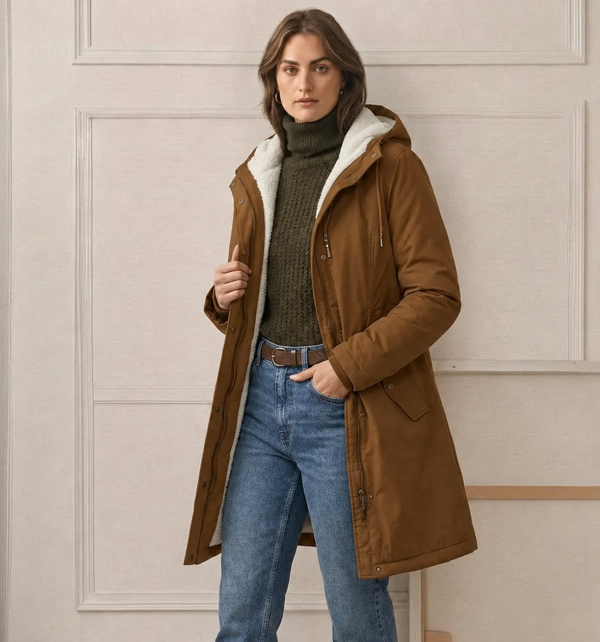 Parka déperlante à capuchon doublée en sherpa