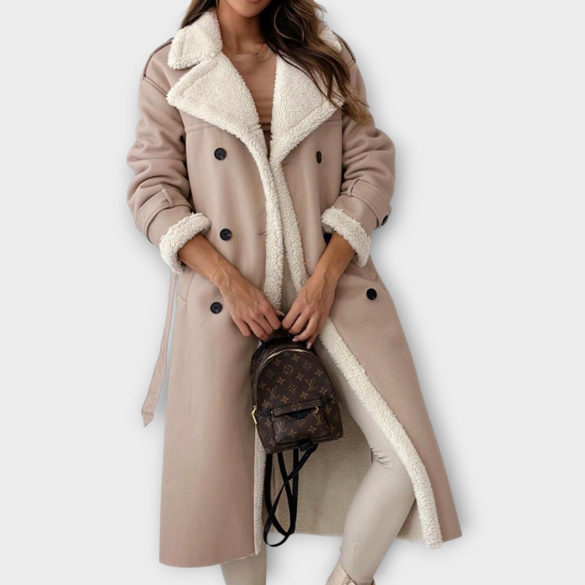 Manteau long croisé doublé en sherpa