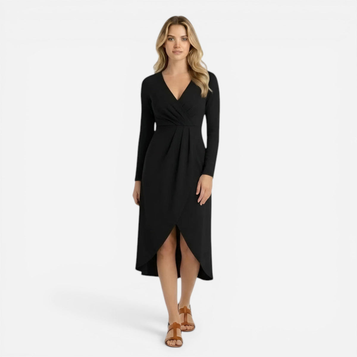 Robe midi cache-cœur à manches longues