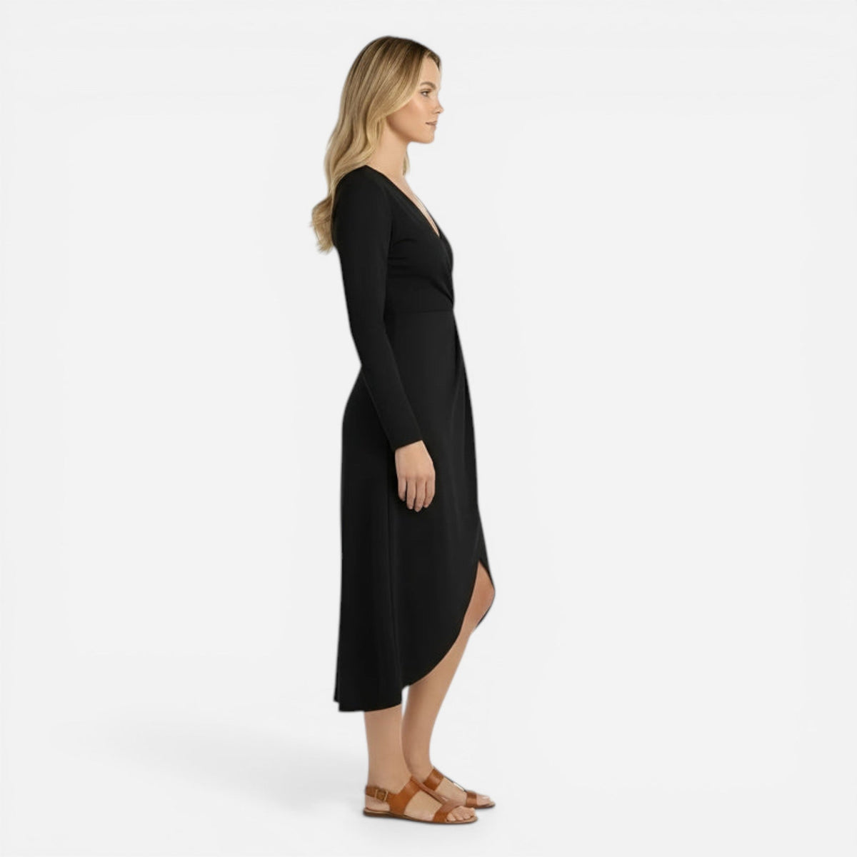 Robe midi cache-cœur à manches longues