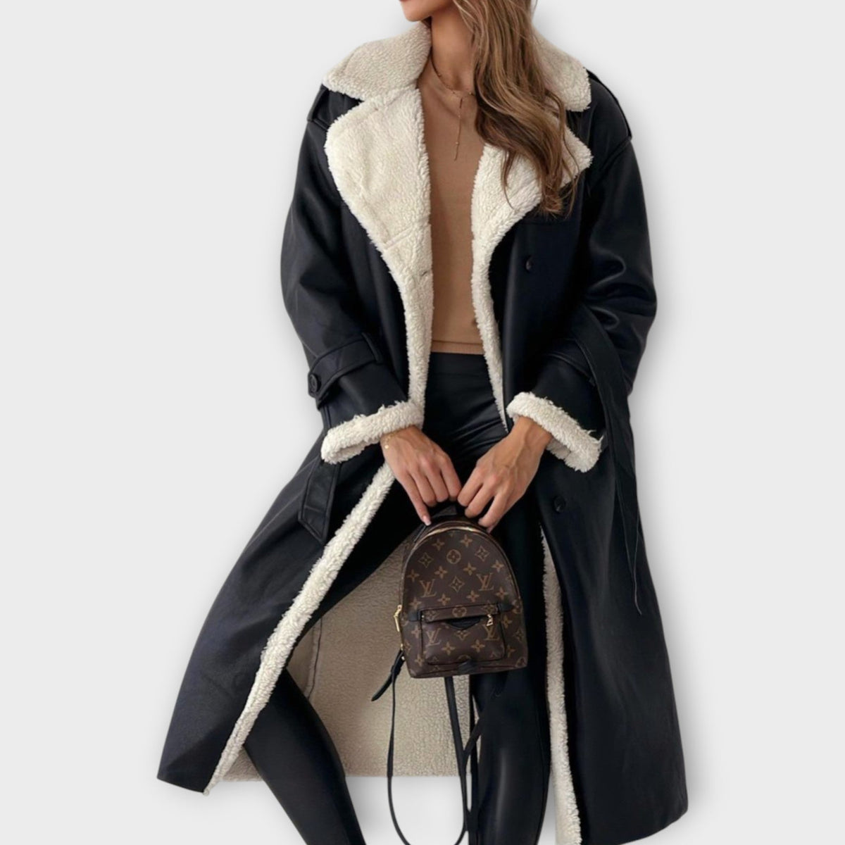Manteau long croisé doublé en sherpa