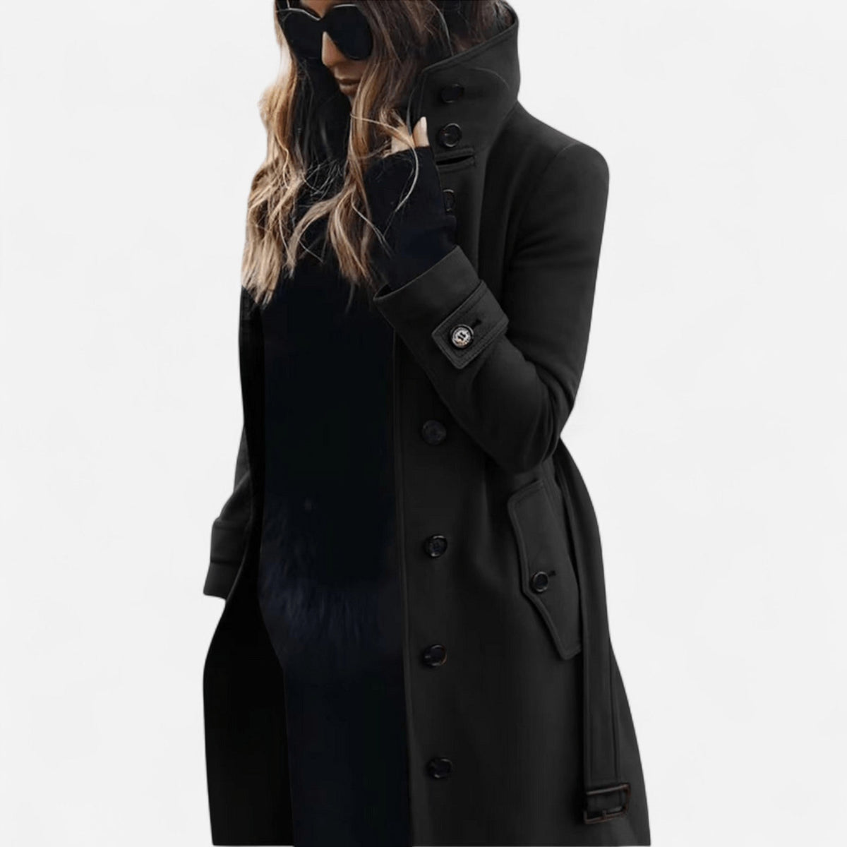 Manteau en laine à col montant ceinturé