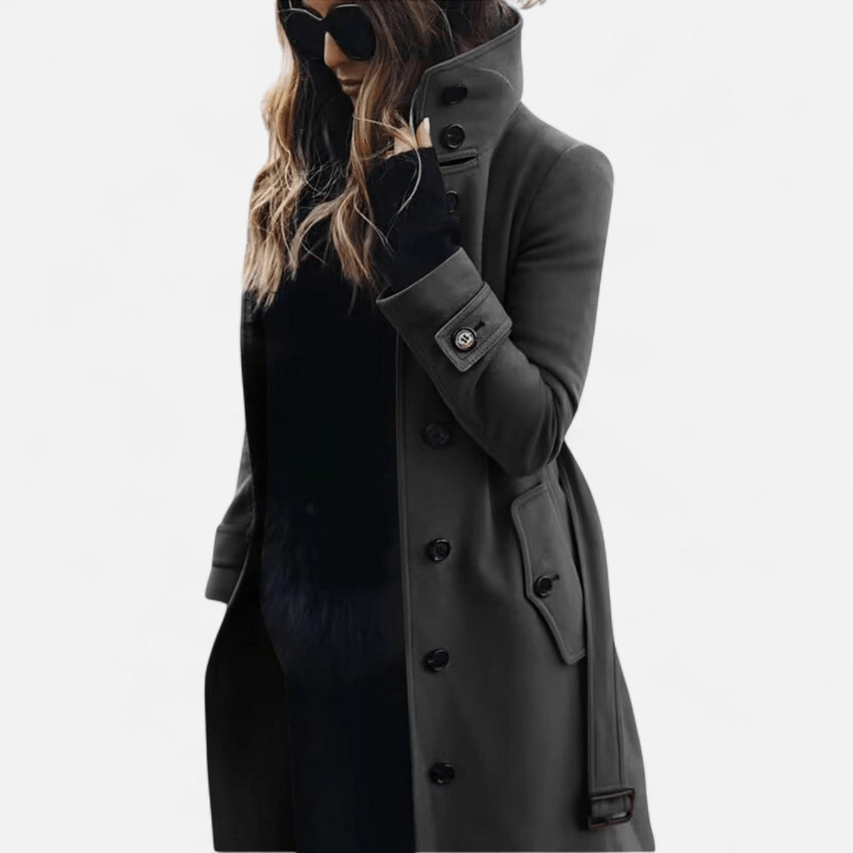 Manteau en laine à col montant ceinturé