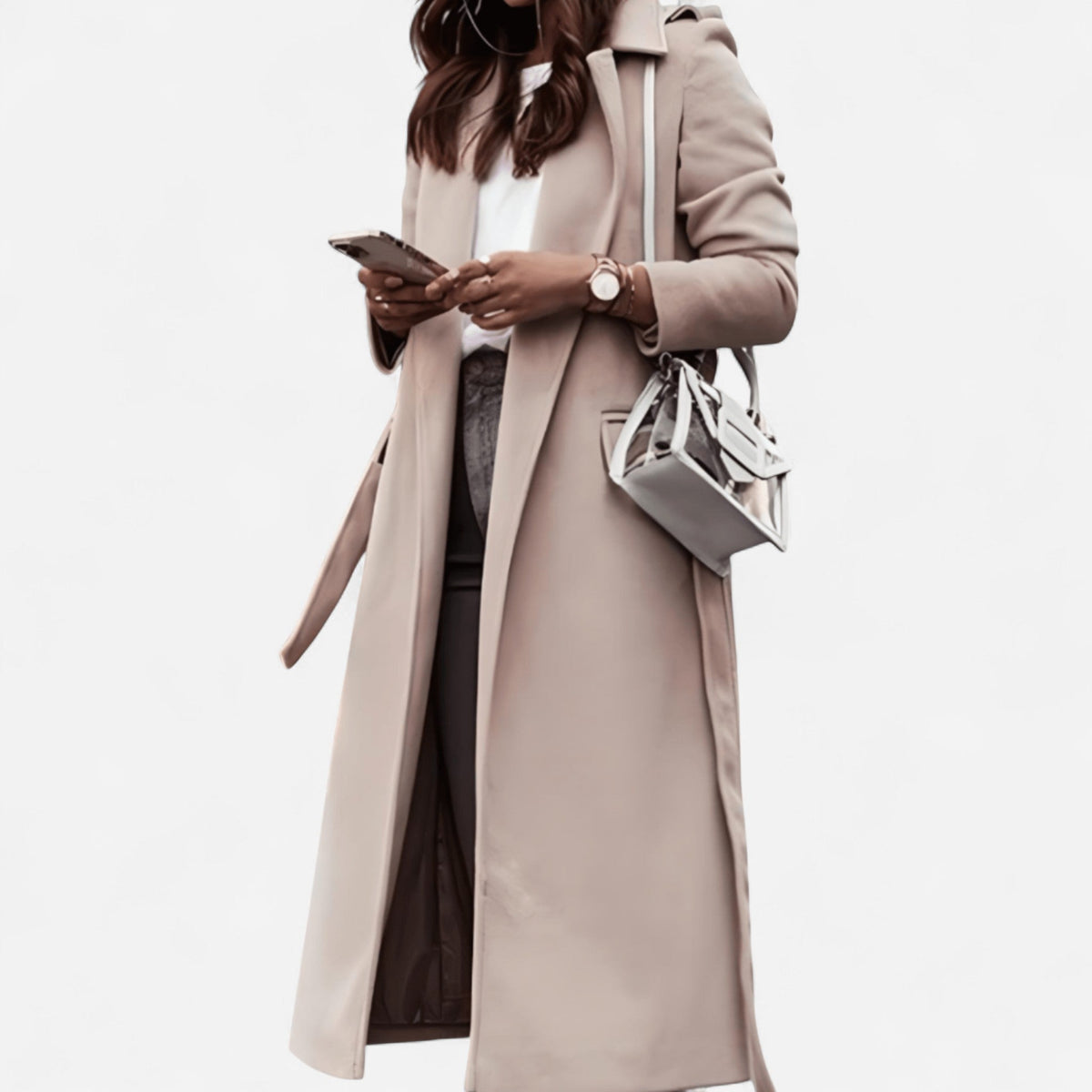 Manteau long en laine mélangée à col cranté