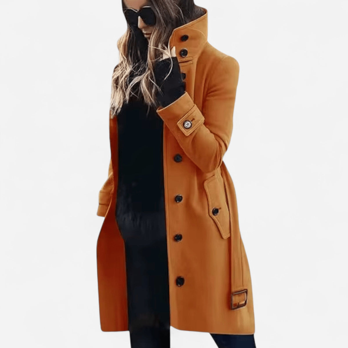 Manteau en laine à col montant ceinturé