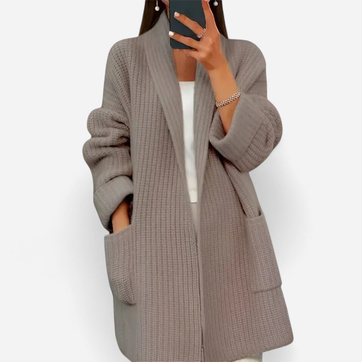 Cardigan long côtelé à poches