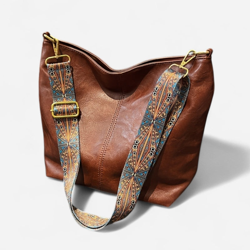 Sac seau en cuir à sangle brodée