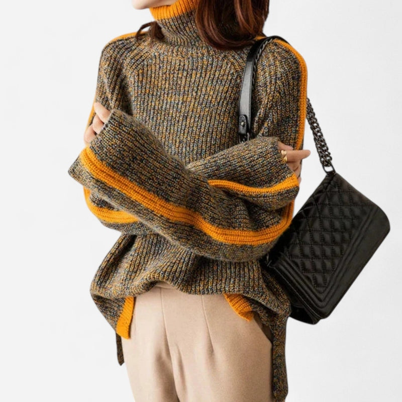Chandail rayé col montant en gros tricot