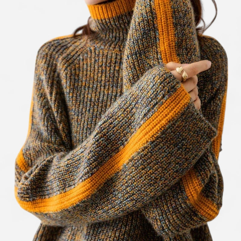 Chandail rayé col montant en gros tricot