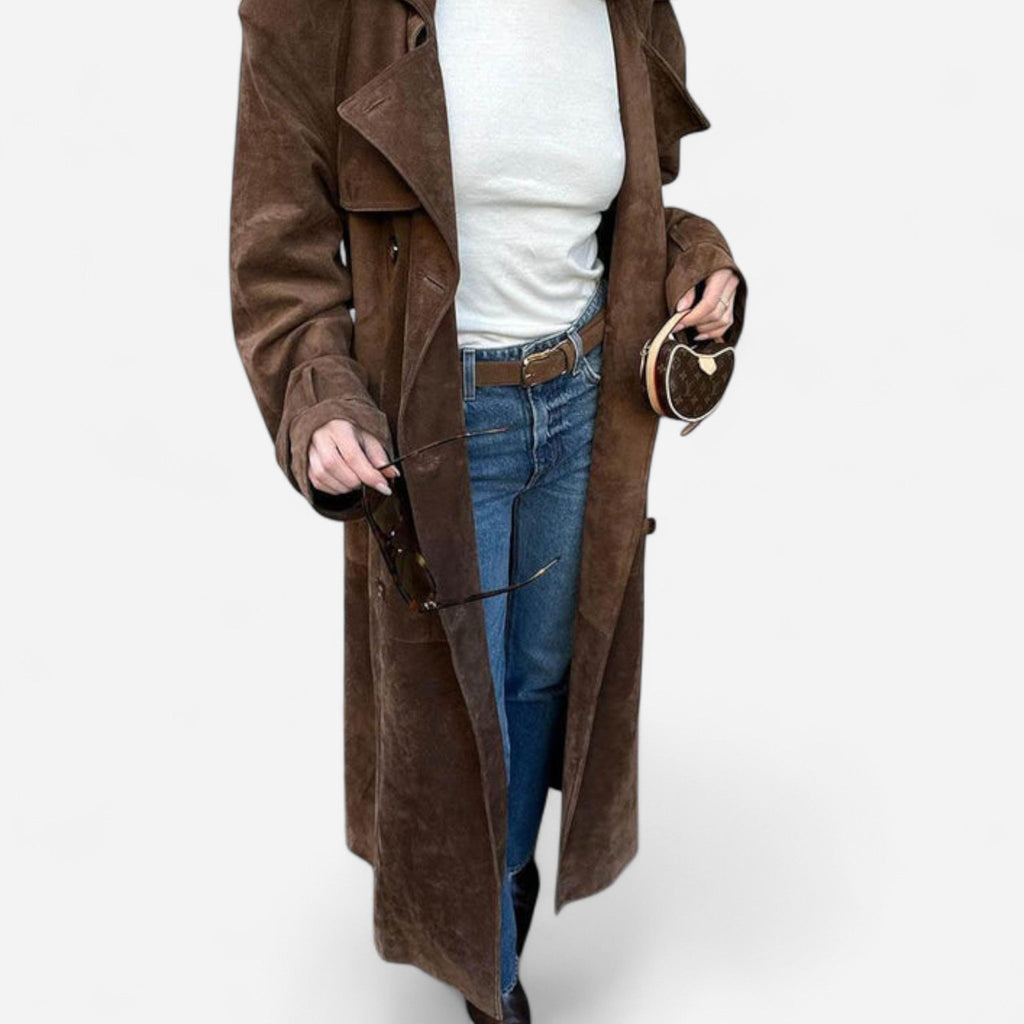Imperméable long en suède ceinturé