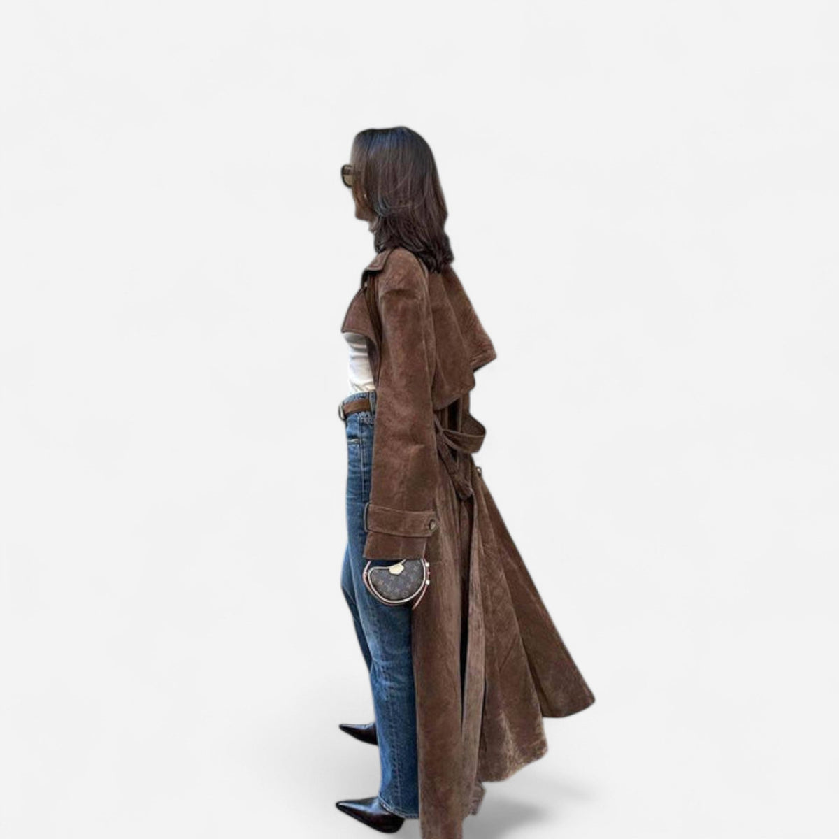Imperméable long en suède ceinturé