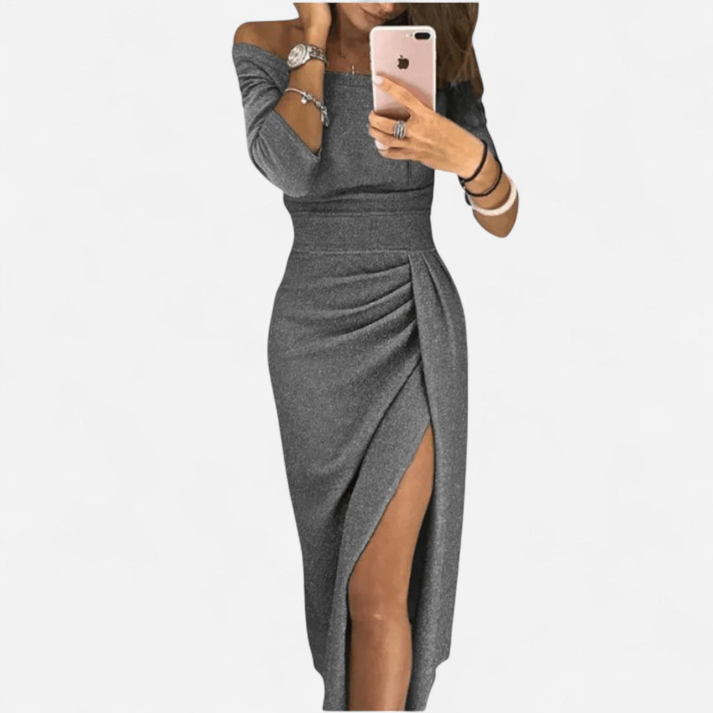 Robe midi froncée fendue en tricot