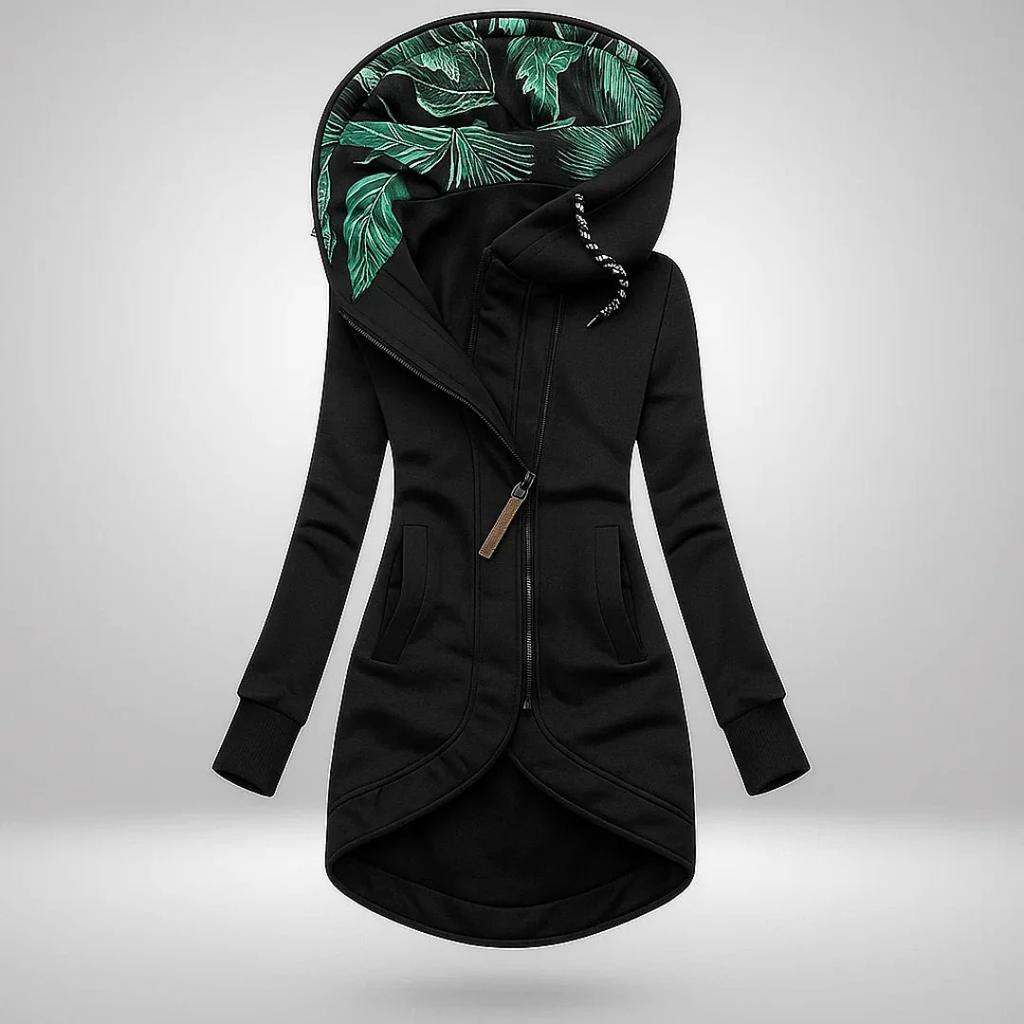 Manteau zippé à capuchon et bas arrondi