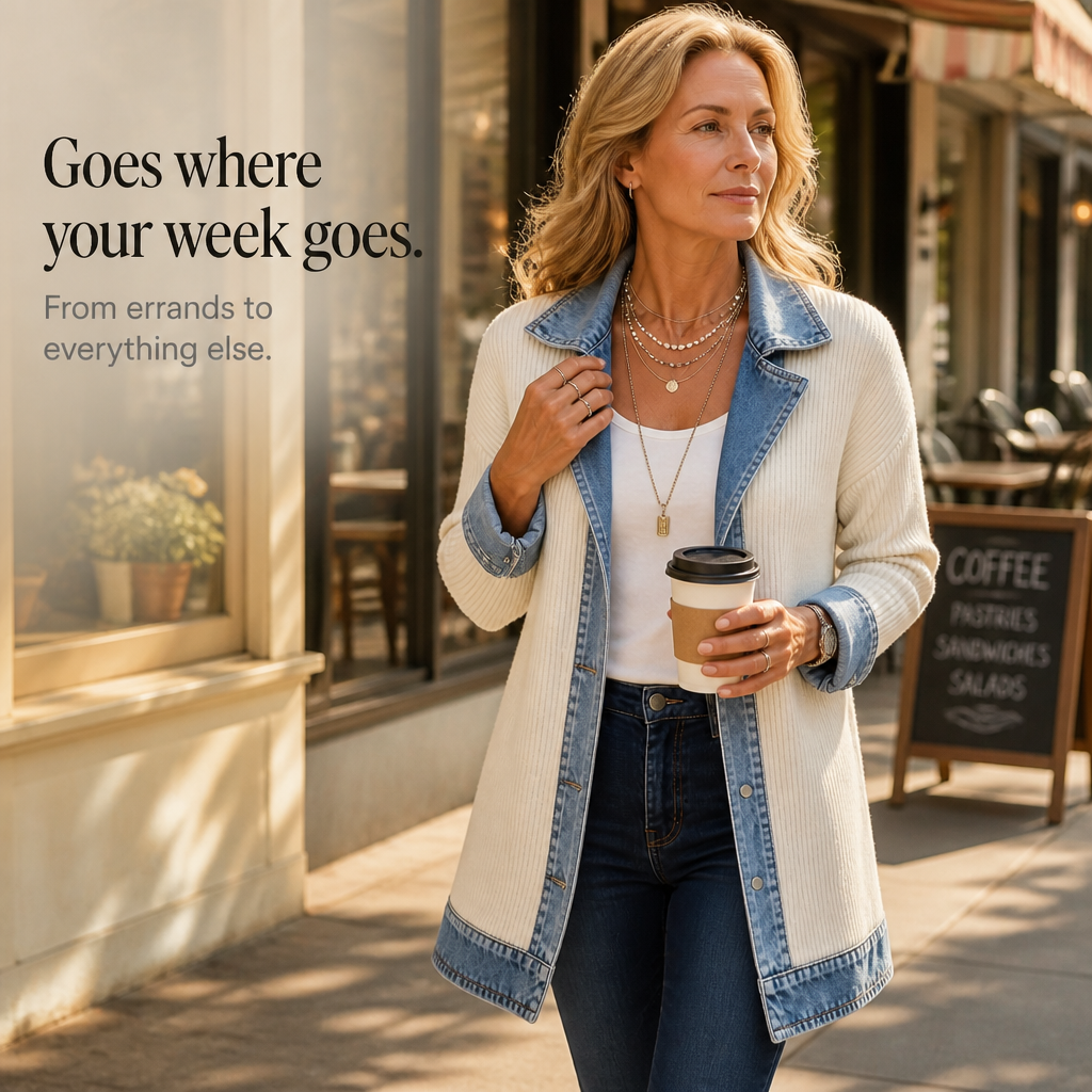 Cardigan long en tricot côtelé à détails en denim