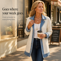 Cardigan long en tricot côtelé à détails en denim