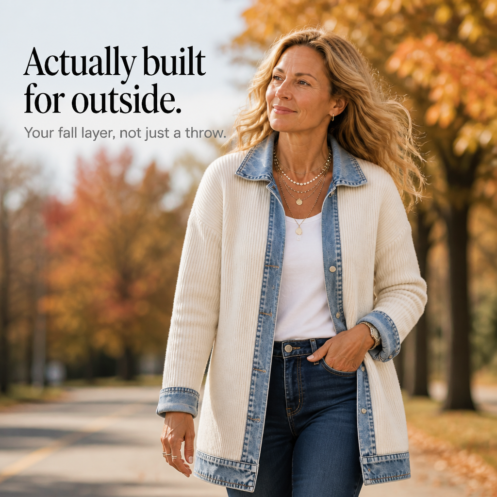 Cardigan long en tricot côtelé à détails en denim