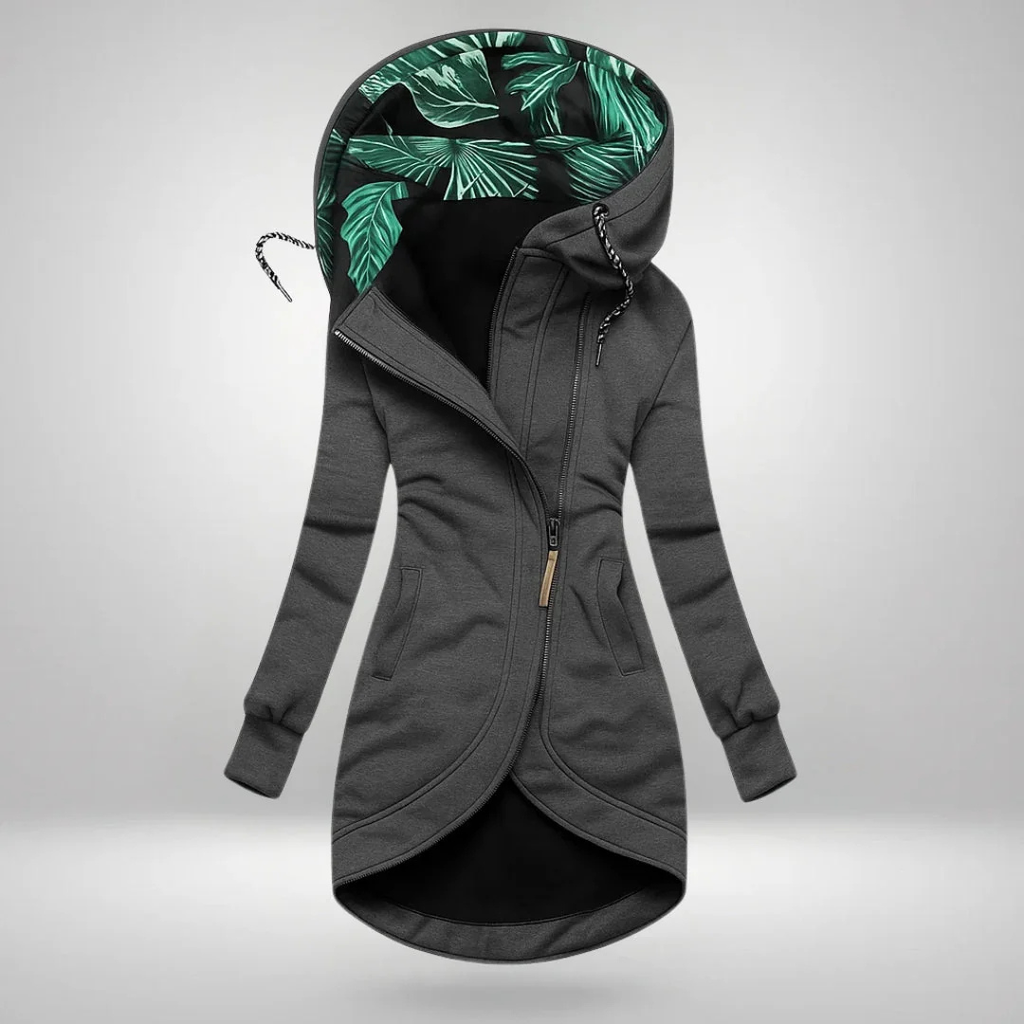 Manteau zippé à capuchon et bas arrondi