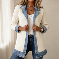 Cardigan long en tricot côtelé à détails en denim