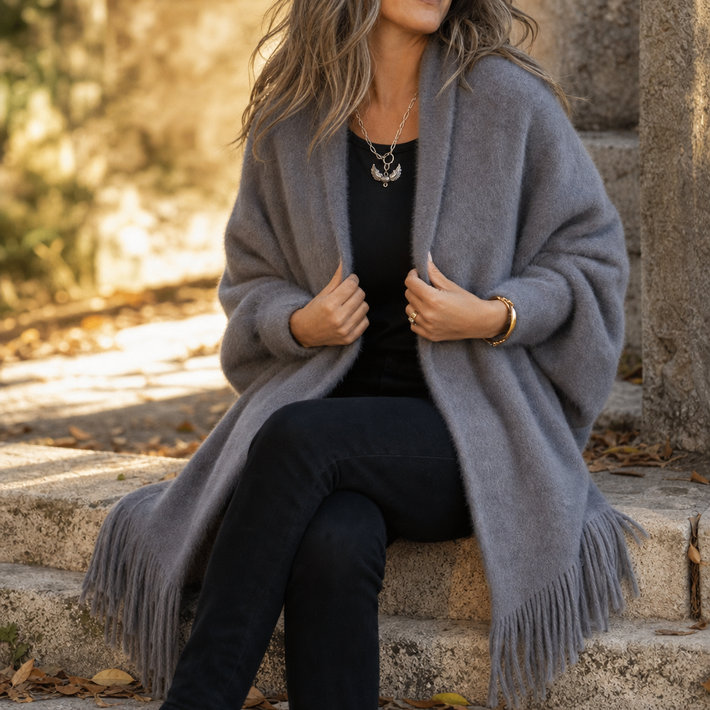 Manteau cache-cœur à col châle et franges