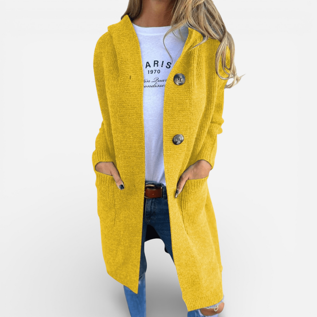 Cardigan long à capuchon et boutons