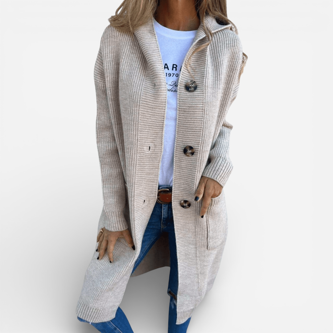 Cardigan long à capuchon et boutons