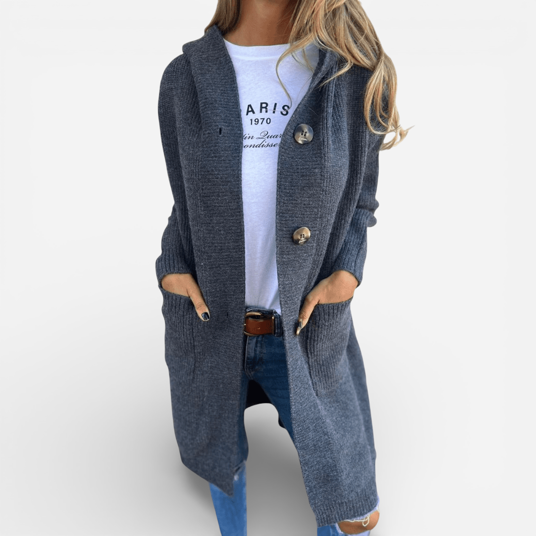 Cardigan long à capuchon et boutons