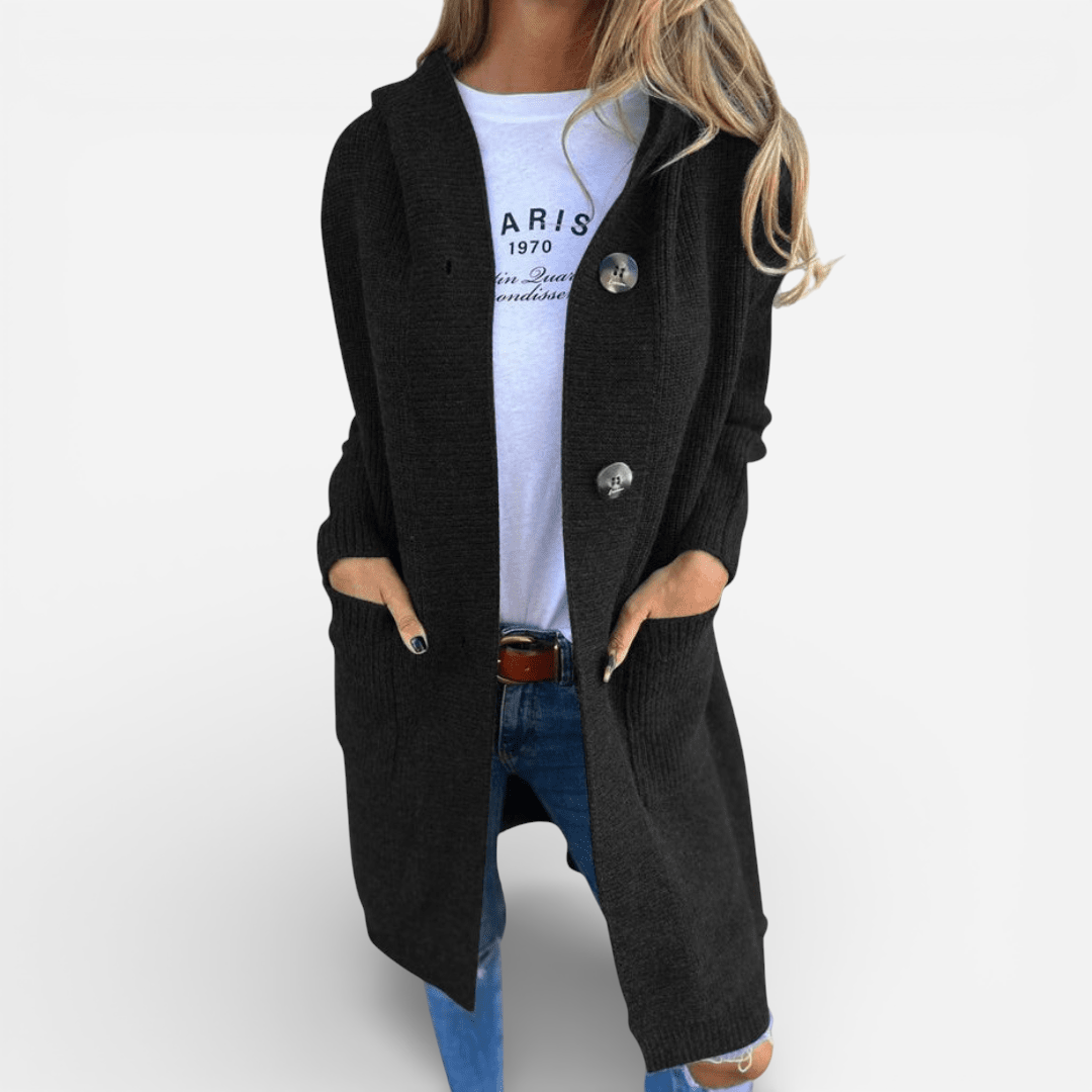 Cardigan long à capuchon et boutons