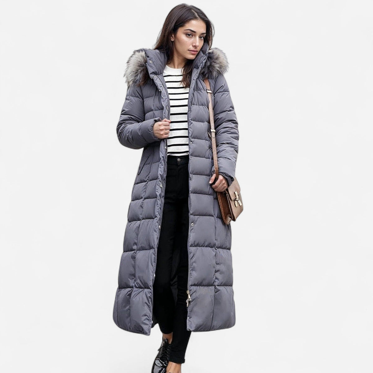 Manteau d'hiver long matelassé, capuchon en fausse fourrure