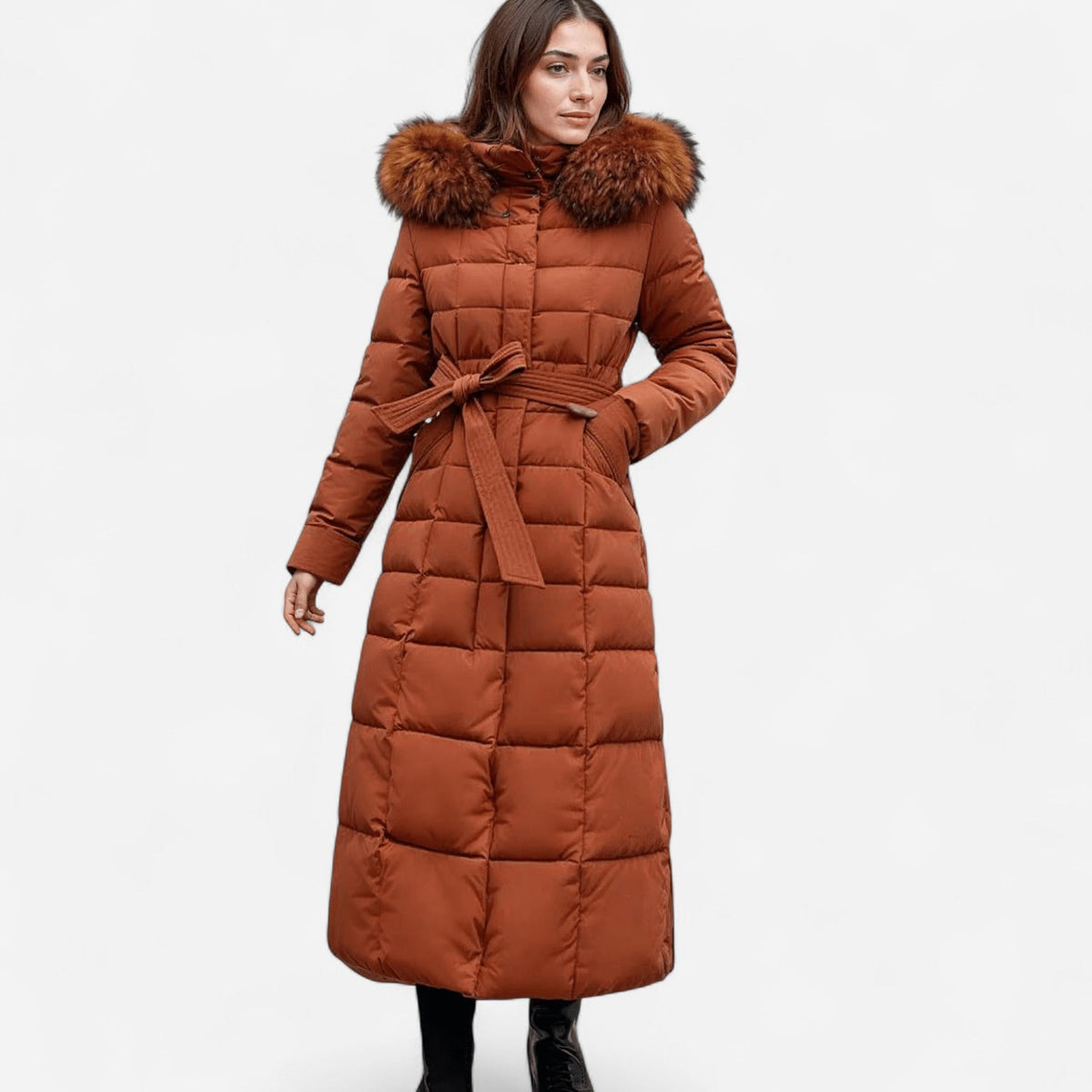 Manteau d'hiver long matelassé, capuchon en fausse fourrure