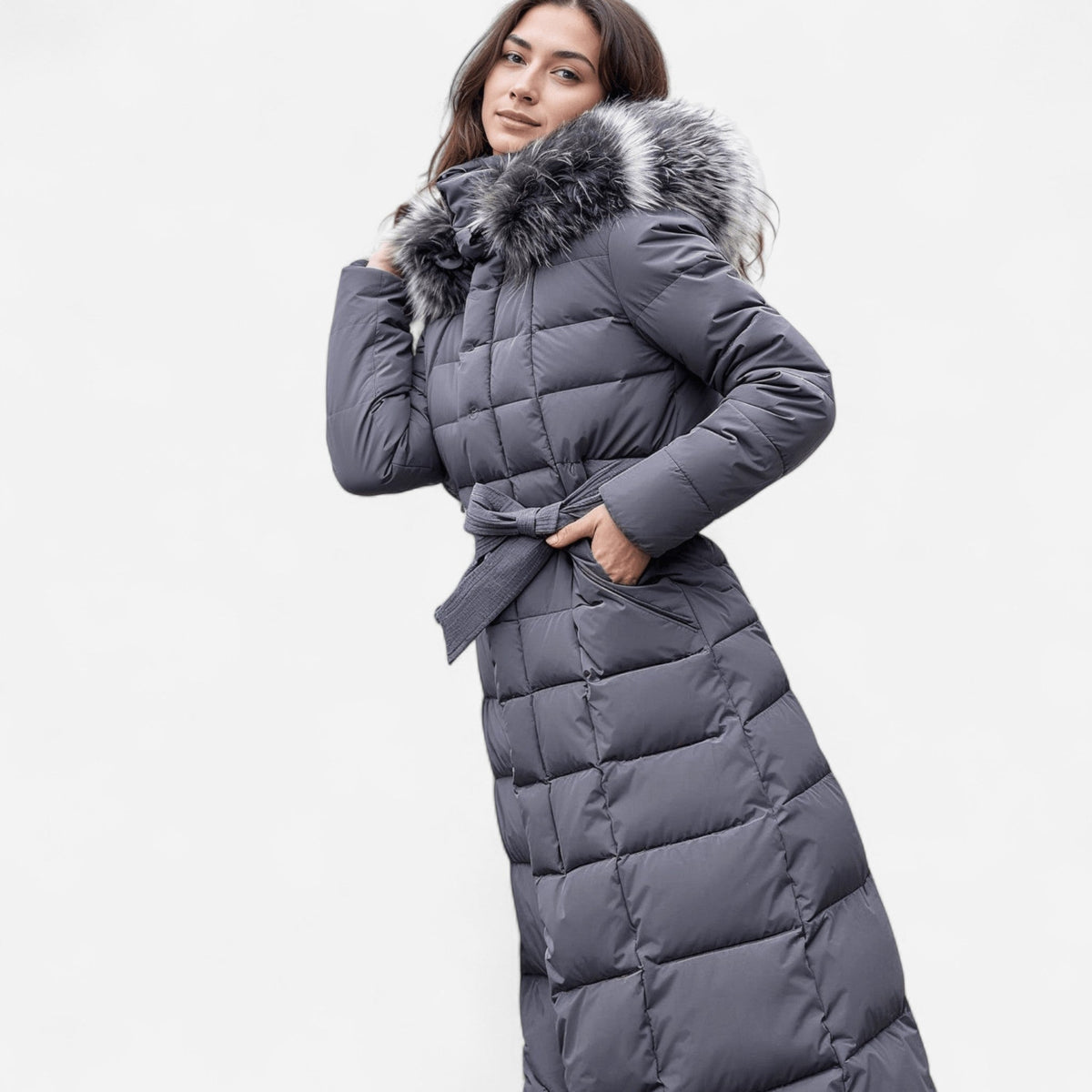Manteau d'hiver long matelassé, capuchon en fausse fourrure
