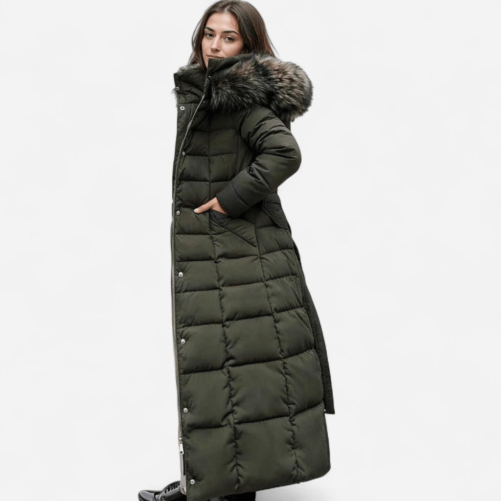 Manteau d'hiver long matelassé, capuchon en fausse fourrure