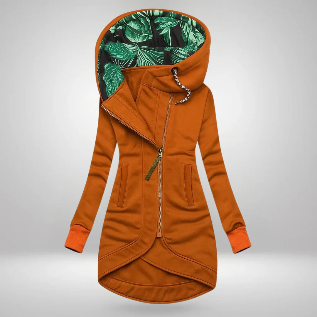Manteau zippé à capuchon et bas arrondi