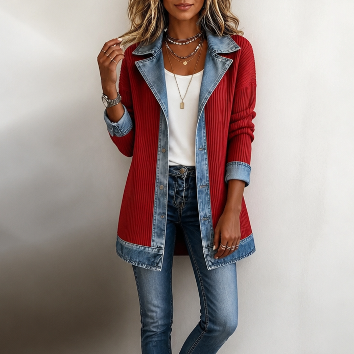 Cardigan long en tricot côtelé à détails en denim