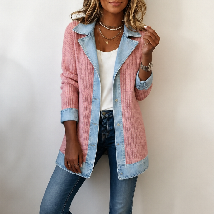 Cardigan long en tricot côtelé à détails en denim