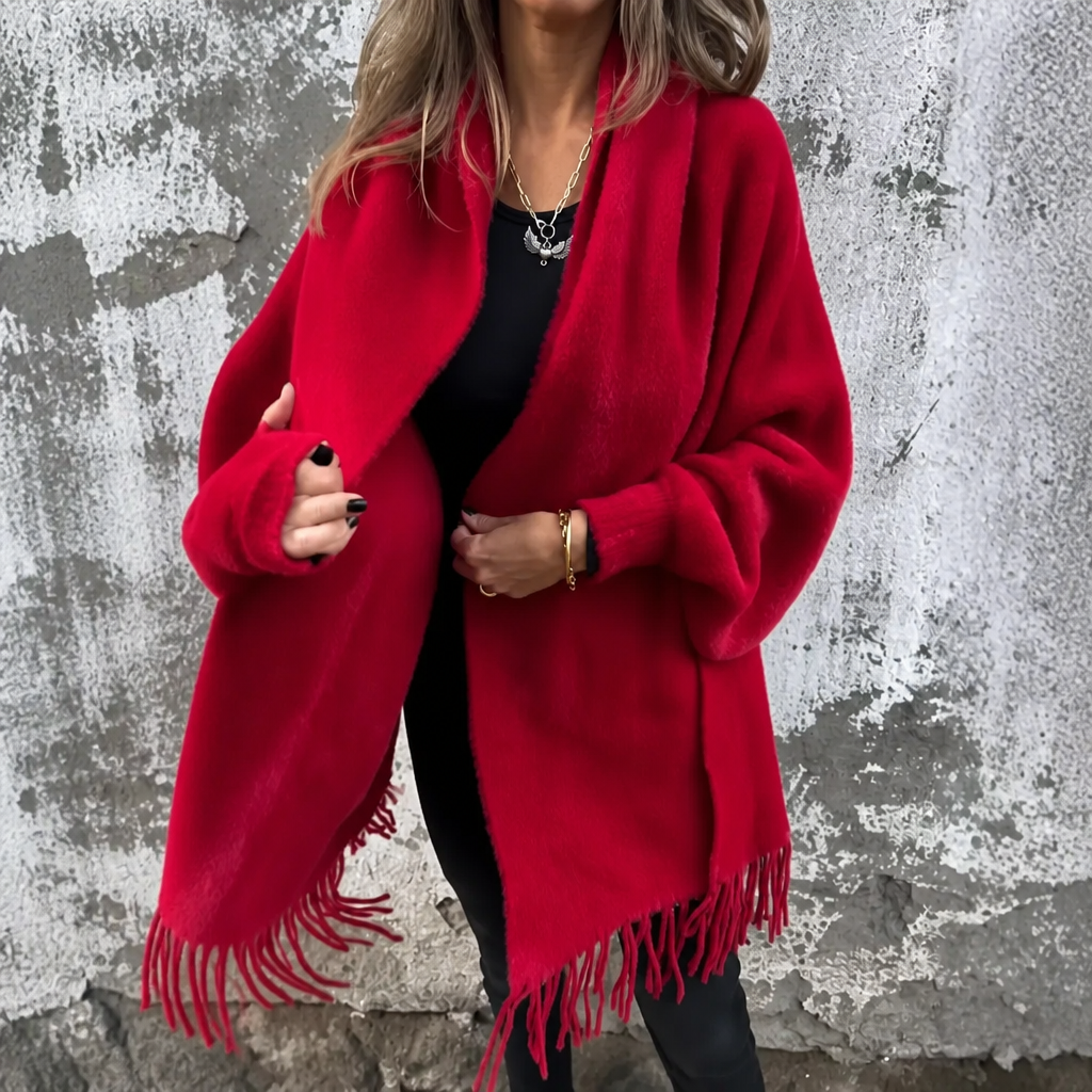 Manteau cache-cœur à col châle et franges