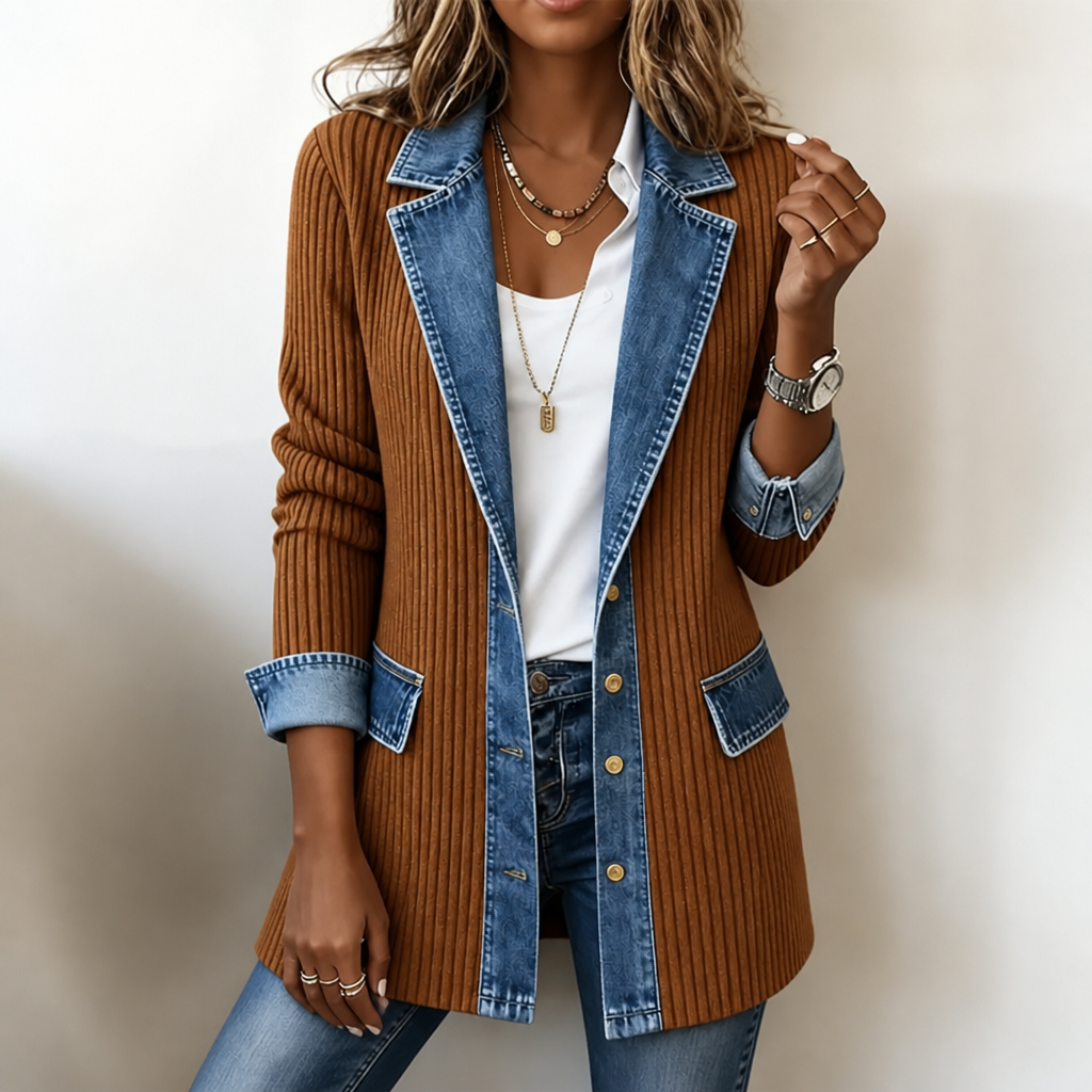 Cardigan long en tricot côtelé à détails en denim
