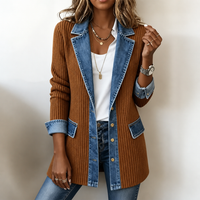 Cardigan long en tricot côtelé à détails en denim